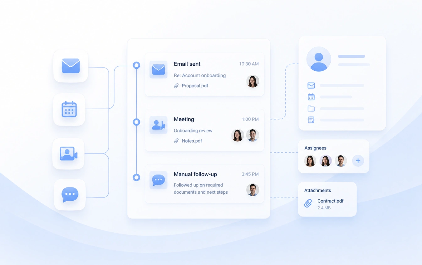 Fil de communications Getme CRM — emails, appels, réunions et relances journalisés par client.