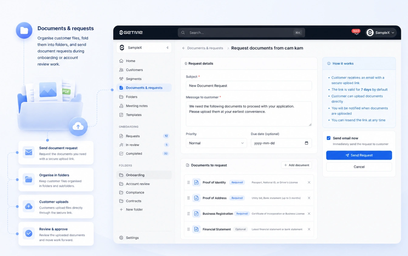 Documents et demandes Getme CRM — fichiers client classés en dossiers et demandes de documents envoyées.