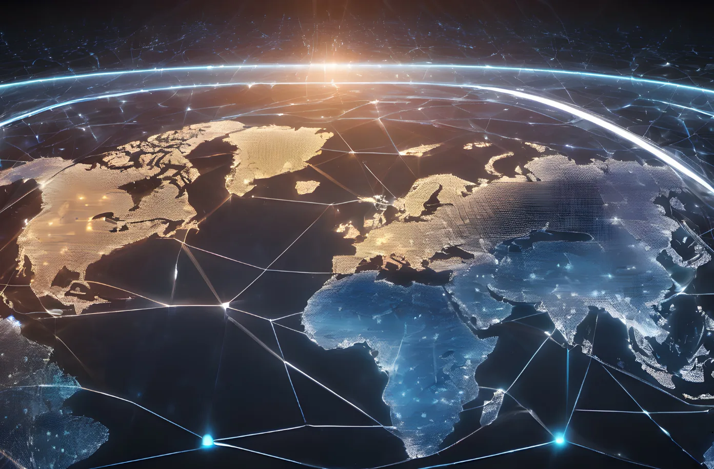 A globe traced with trade routes and lit connection points across every continent.