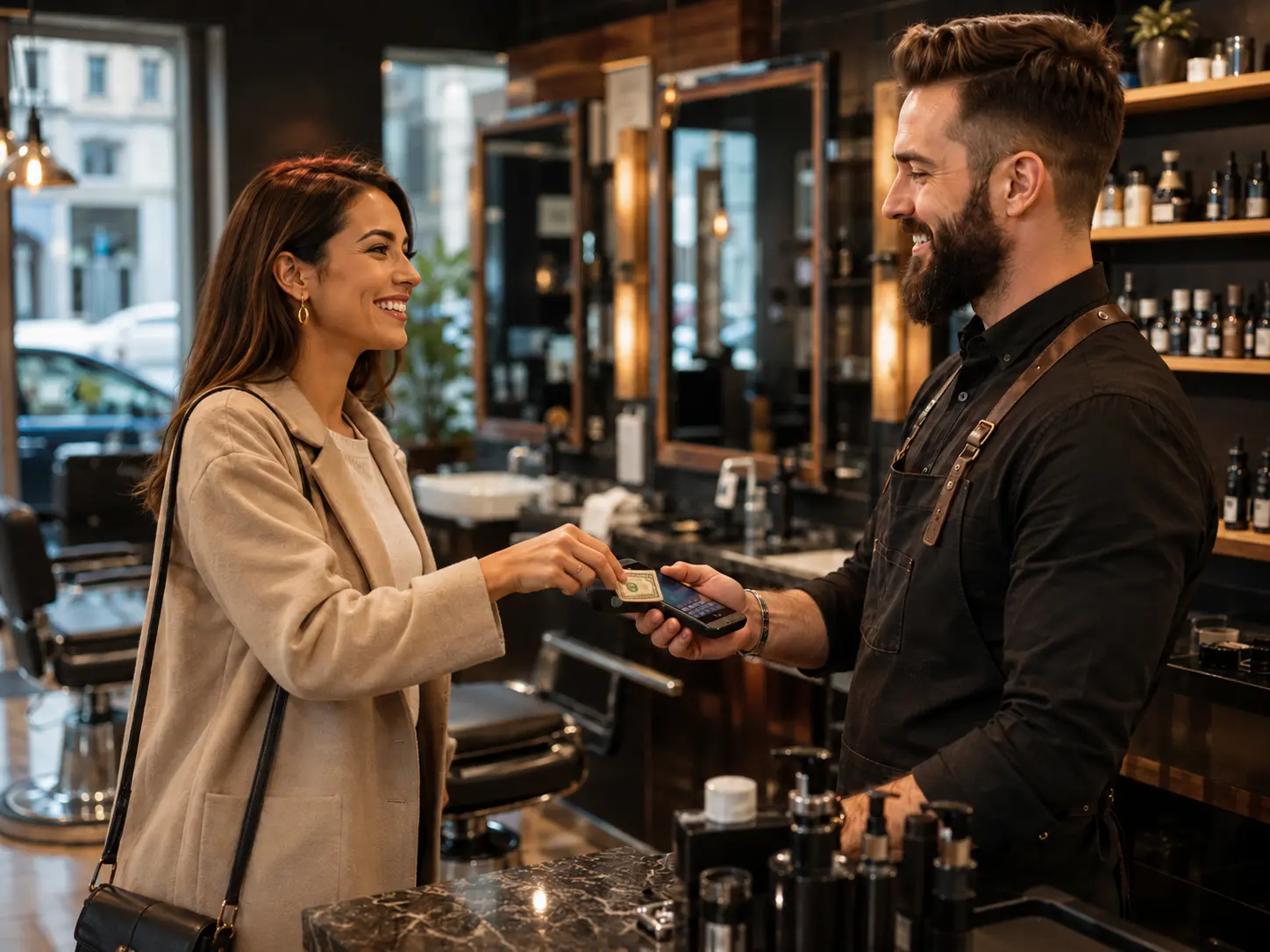 Checkout en ligne de salon de coiffure collectant un dépôt, un pourboire et un code promo pour le paiement.