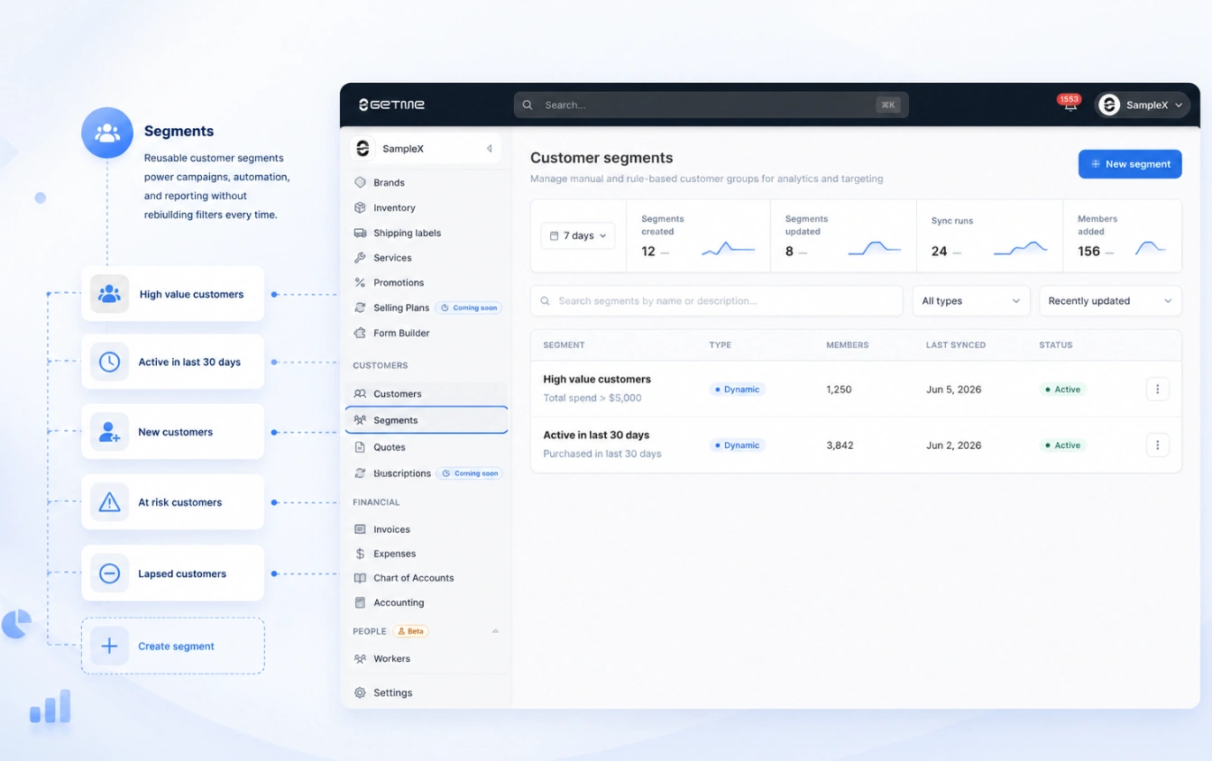 Segments client Getme CRM alimentant campagnes, automatisations et reporting à partir de filtres réutilisables.
