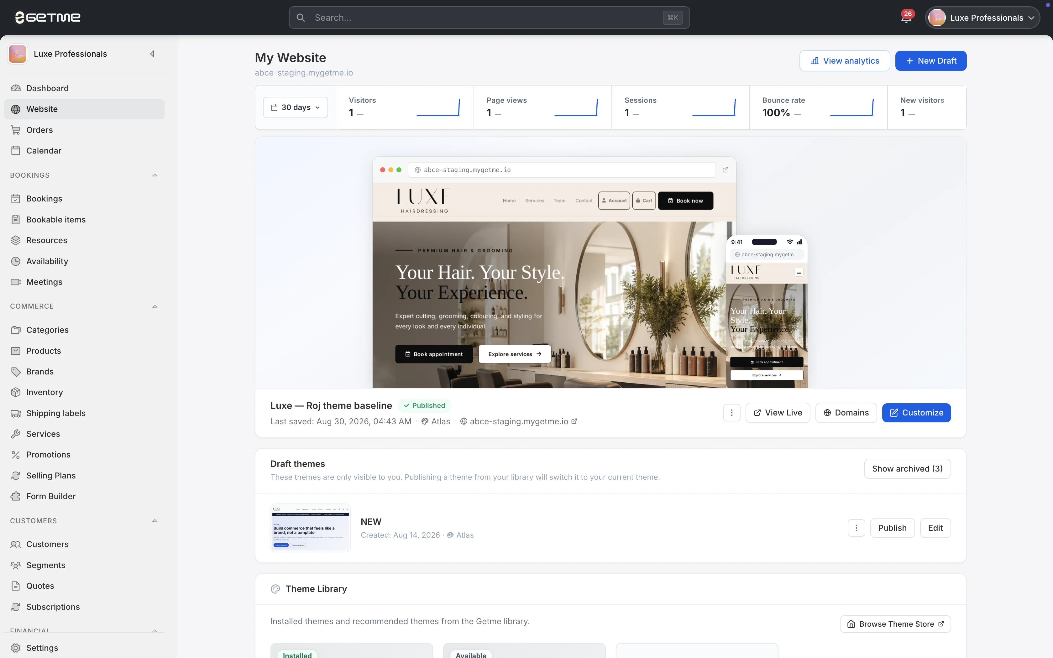 The Getme website workspace: a published salon site on desktop and phone, its traffic, its draft themes and the theme library, on one screen.